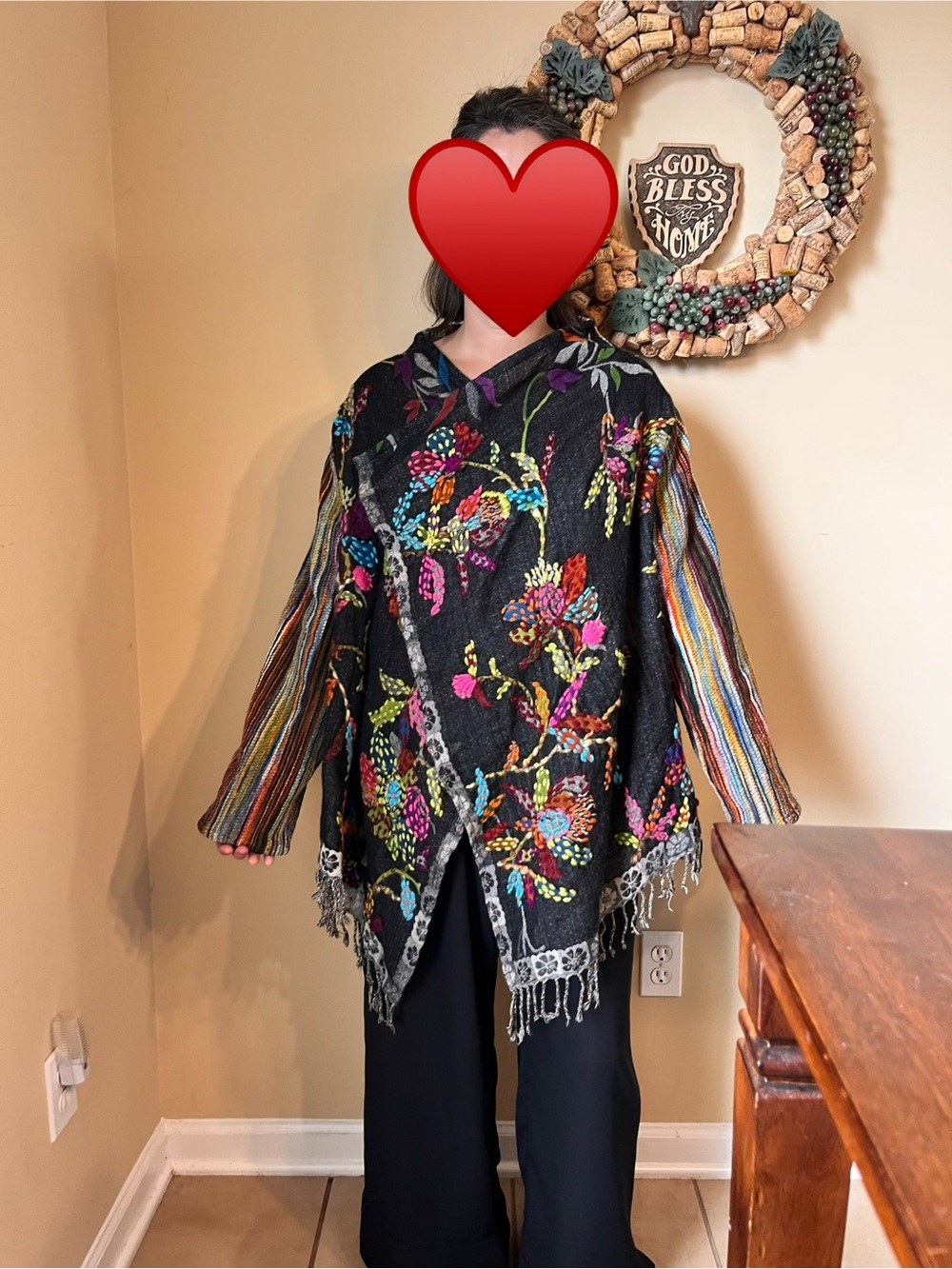 Anu embroidered open cardigan boho art to wear Lagenlook large/XL wool blend